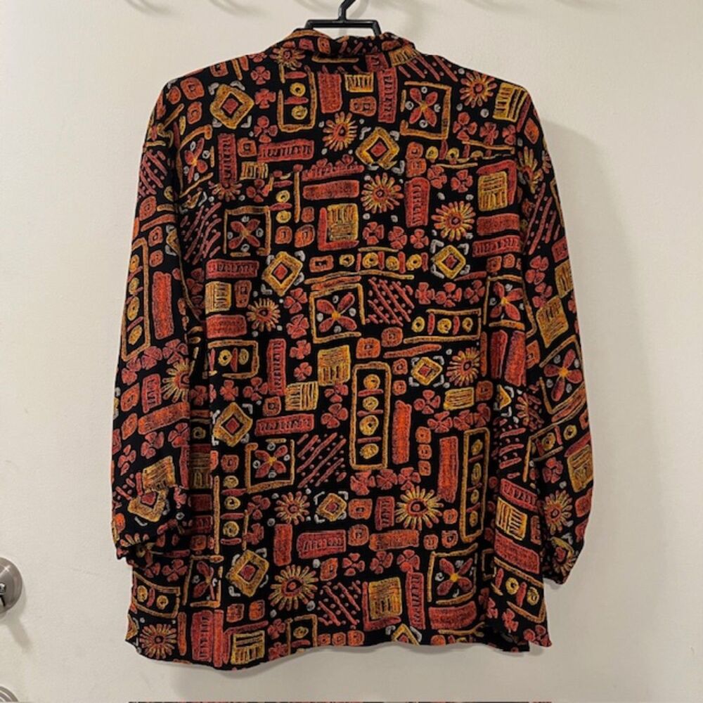 Chicos Design Orange Black 100% Rayon Fiesta Button Front Long Sleeve Top Size 3 - Picture 6 of 11